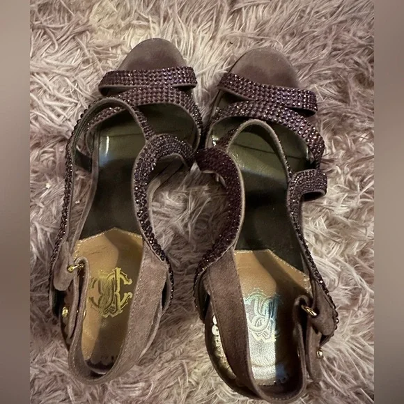 Roberto Cavalli Women Purple Suede Crystal Embellished Strappy Sandal Heel 37 7 - Picture 5 of 16